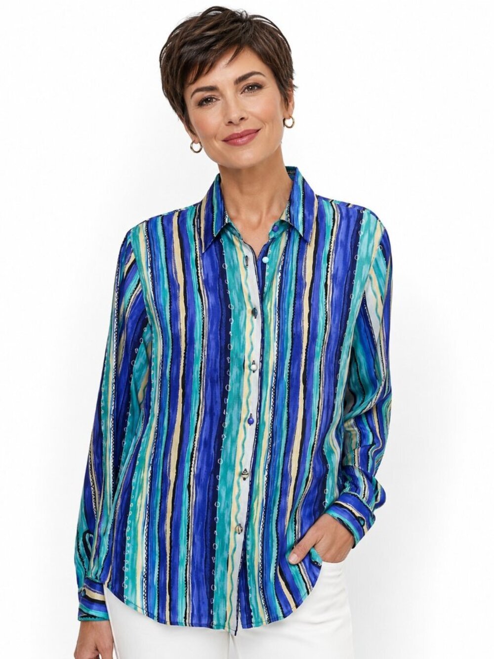 Robbie Bee Blue Purple Stripe 100% Silk Long Sleeve Blouse